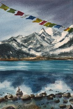 Watercolor painting, Sikkim India Himachal Pradesh Drawing, Watercolour Painting Mountains, Sikkim Painting, Mountain Scape Painting, Culture Of Sikkim Drawing, Diary Collection, Scape Painting, Avengers Wall Art, Avengers Wall