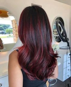 Dark Red Balayage Straight Hair, Dark Red Hair With Lowlights, Red Lowlights In Black Hair, Red Baby Lights, Red For Brunettes, Wine Highlights On Dark Hair, Red Hair With Lowlights Dark, Cherry Highlights On Dark Hair, Dark Red Highlights On Dark Hair