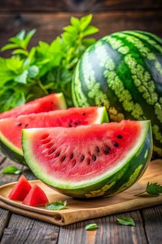 watermelon slices on a cutting board with minty leaves around them and one cut in half