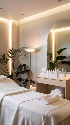 🛏️ This Dreamy Room esthetician setup combines sleek furniture, neutral tones, and calming vibes for a welcoming space. It’s packed with Dream Room Inspiration for designing both functional and beautiful Dream House Rooms. Follow for more ideas to elevate your Dream House Interior! #AestheticDesign #RelaxedStyle #InteriorDreams ✨🌟 At Home Spa Decor, Spa Setup Ideas, Esthetician Room Divider, Chic Esthetician Room, Minimal Esthetician Room, Spa Space Design, Esthetician Room Small Space, Dream Esthetician Room, Esthetician Room Design