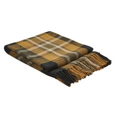 a brown and black plaid blanket with fringes