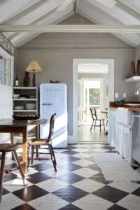 a kitchen with a checkered floor and white walls