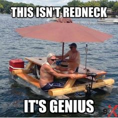 two men on a boat with an umbrella in the water, and one man is rowing