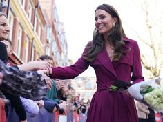 a woman in a purple dress is shaking hands with people