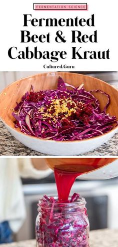 red cabbage and beet salad in a mason jar with the title, fermented beet & red cabbage kraut