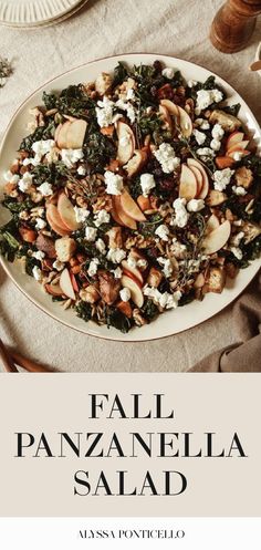 the cover of fall panzanella salad with spinach and feta cheese on top