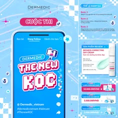 an advertisement for the new rop product on a blue background with white and pink designs