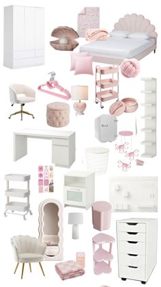 a collage of pink and white furniture including a bed, desk, chair, dresser, mirror, lamp, bookshelf and other items