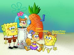 cartoon characters standing in front of a pineapple