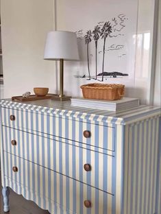 Striped Dresser, Striped Furniture, Striped Bedroom, Painting Old Furniture, Reupholster Furniture, College Room, Nursery Room Inspiration, Diy Dresser, Dresser Makeover