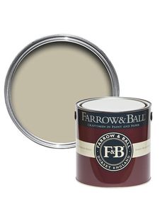 the farrow & ball paint is white and has a red tin with black lettering on it