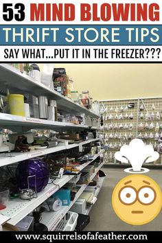 a store with shelves filled with items and text that reads, 53 mind blowing thrift store tips say what put in the freezer?