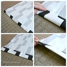 four pictures showing how to cut fabric with scissors and tape on the bottom half of it