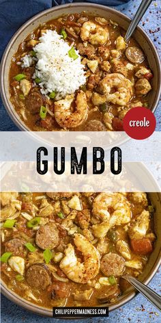 two bowls filled with gumbo and shrimp next to rice on a blue counter top