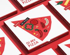 six pizza boxes with different designs on the front and back cover, all in red