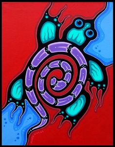 a painting of a turtle with blue, purple and red colors