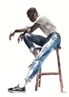 a painting of a man sitting on a stool with his legs crossed and one foot up