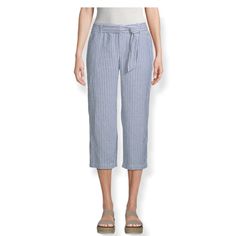 Nwt Liz Claiborne Blue & White Striped Belted Crop Pants Feature A Stretch Waist And Lightweight Linen Feel - Perfect For Hot Summer Days!!! Flat Front, Belted Style With A Front Hook & Eye/Zipper Closure And 4 Pockets (2 Side Slip Pockets In The Front And 2 Button Pockets In The Back). Lightweight, Loose Fit, And Partial Stretch Waistband That Sits At The Waist. Linen/Cotton Blend - Machine Washable. Size - M. Approx. Measurements: 17" - Waist (Laying Flat), 22" - Inseam, 11" - Rise (Front), An Spring Blue Belted Bottoms, Blue Tie Waist Bottoms For Spring, Blue Bottoms With Tie Waist For Spring, Blue Belted Summer Bottoms, Casual Blue Bottoms With Tie Waist, Casual Blue Belted Bottoms, Blue Cropped Leg Bottoms For Day Out, Blue Tie-waist Bottoms For Day Out, Casual Belted Ankle-length Pants