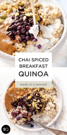 two bowls filled with oatmeal and raisins next to the words chai spiced breakfast quinoa