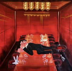 a painting of a man laying on a table with wine glasses in front of him