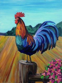 a painting of a rooster standing on top of a stump