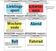 four different types of sports labels with words in german, english and german on them