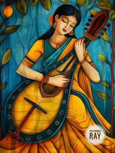 a painting of a woman playing the guitar