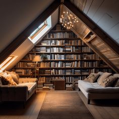 an attic living room with a couch and book shelf