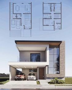 two cars parked in front of a house with plans on the roof and windows above it