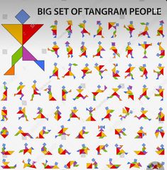 big set of tangram people in different colors and sizes, all on white background