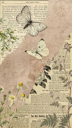 two butterflies are flying over some flowers on an old newspaper page with the words best reading day written below it