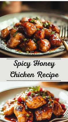 honey chicken recipe on a plate with fork and spoon in the foreground text reads, spicy honey chicken recipe