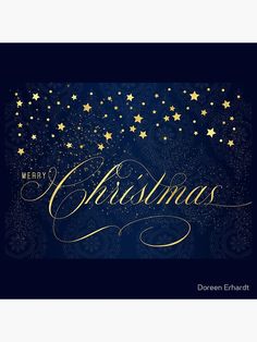 a merry christmas card with gold stars and the words, merry christmas written on it