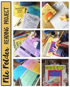 there are many pictures of different papers and pencils on the table, including children's handwritten notes