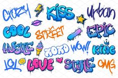 some graffiti writing on a white background with different colors and shapes in the same font