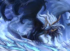 an artistic painting of a dragon in blue and white colors with water swirling around it