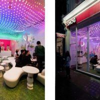 two pictures of people sitting at tables in front of a store with colorful lights on the ceiling