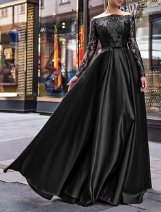 Elegant Dress Wedding Guest Fall Floor Length Long Sleeve Off Shoulder Belt / Sash Satin with Appliques Evening Dress Dress Wedding Guest Fall, Wedding Guest Fall, Red Green Dress, Evening Dresses Online, Shoulder Belt, Cheap Evening Dresses, Long Sleeve Prom, Dress Wedding Guest, Evening Gowns Elegant