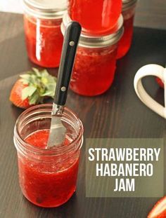 strawberry habanero jam in jars with a knife