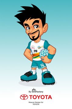 a cartoon character is holding a soccer ball and wearing blue shoes with the words toyota written on