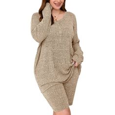 Bring some subtle edge to your collection of classic lounge sets in this plus size pajama sets. The soft feel material is just what all ladies need. Its the perfect throw on lounge outfit, or better yet get out of the house outfit. FEATURES: 2 Piece lounge sets, loose ribbed pajama sets, crew-neck oversized matching outfits sets, long sleeves T-shirt, batwing sleeves shirt, high waisted biker short bodycon pants. MATERIAL: Super lightweight, comfy, and stretchy ribbed fabric. High elastic and ro Ribbed Lounge Set, Batwing Sleeve Shirt, Camel Outfit, Plus Size Pajamas, Lounge Outfit, House Clothes, Sleepwear Sets, Womens Pyjama Sets, Loungewear Sets