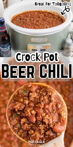 the crock pot beer chili recipe is ready to be eaten