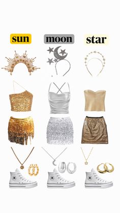 the sun, moon and star outfits are arranged in different styles on white background with gold accents