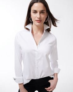 No-Iron Stretch Shirt - Chico's Mother Dress, Internet Shopping, Capsule Wardrobe Work, How To Wear Leggings, White Shirt Blouse, Jacquard Jacket, Fashion Capsule Wardrobe, Iron Shirt, Travel Capsule Wardrobe