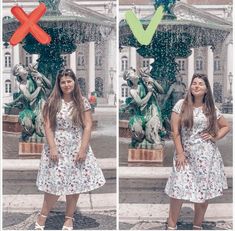 two pictures of a woman standing in front of a fountain with an x and v sign above her head