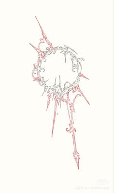 a drawing of a clock with spikes and chains on the front side, in red ink