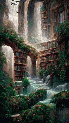 an image of a waterfall in the middle of a bookcase with books on it