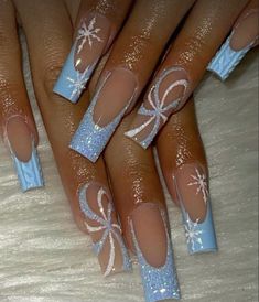 #nail #nailidea #fakenail #naildesign #nailart #frenchtipnaildesigns #nailglitter #acrylicnaildesigns #2024nailtrends #patternnail #christmasnail Acrylic Nail Christmas, Nails Icy Blue, Winter Nails Long, Nails Aesthetic Winter, Winter Nail Sets, Blue Nails Cute, Icy Blue Nails, Nails Nye, Nail Designs For 2023