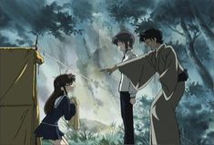 an anime scene with two men and a woman