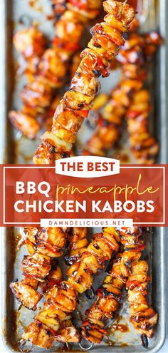 bbq chicken kabobs on a tray with text overlay